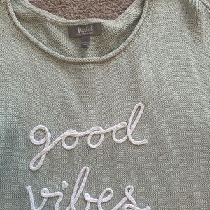 Marled Women's Pullover Sweater L Mint Green "Good Vibes" Crew Neck